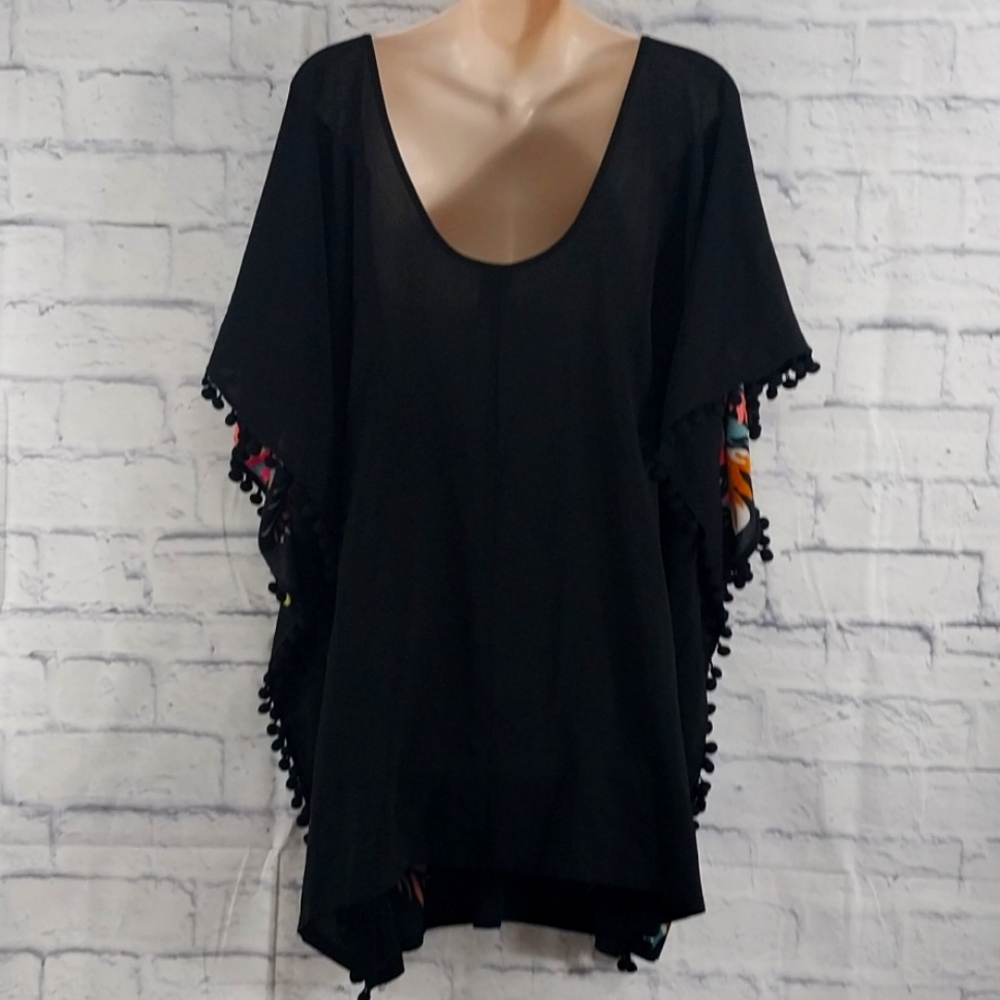 🔵BOGO FREE🔵 Floral Black Kaftan Swim Suit Cover-Up w Pom Poms Sz XL - Picture 4 of 5